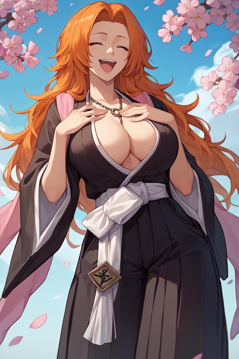 score_9, score_8_up, score_7_up, score_6_up, source_anime BREAK 1girl, solo,  <lora:rangiku-pdxl-nvwls-v1-000006:1> defran, long hair, orange hair, necklace, black robes, cleavage, pink scarf, white sash, hakama pants, large breasts, laughing, hand on own chest, open mouth, closed eyes, happy, blue sky, cherry blossoms