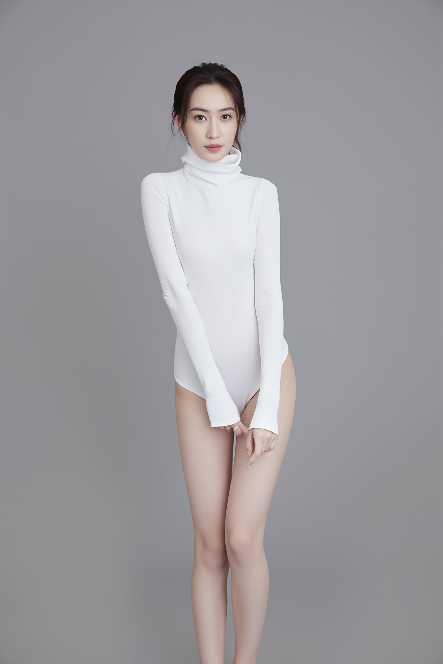 tianhai girl, photograph, woman in a white turtleneck bodysuit, standing against a gray background, her hair in a ponytail, soft lighting, serene expression, barefoot, minimalistic background with wavy lines, modern and minimalist fashion.<lora:光影人像v2.0:0.8>