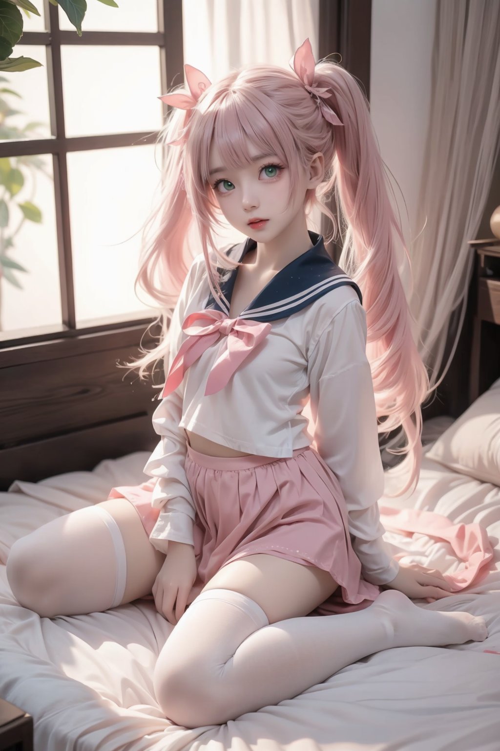 twintails,pink sailor collar,pink sailor shirt,pink skirt,white lace thighhighs,lowfars,green eyes,loli,full body,