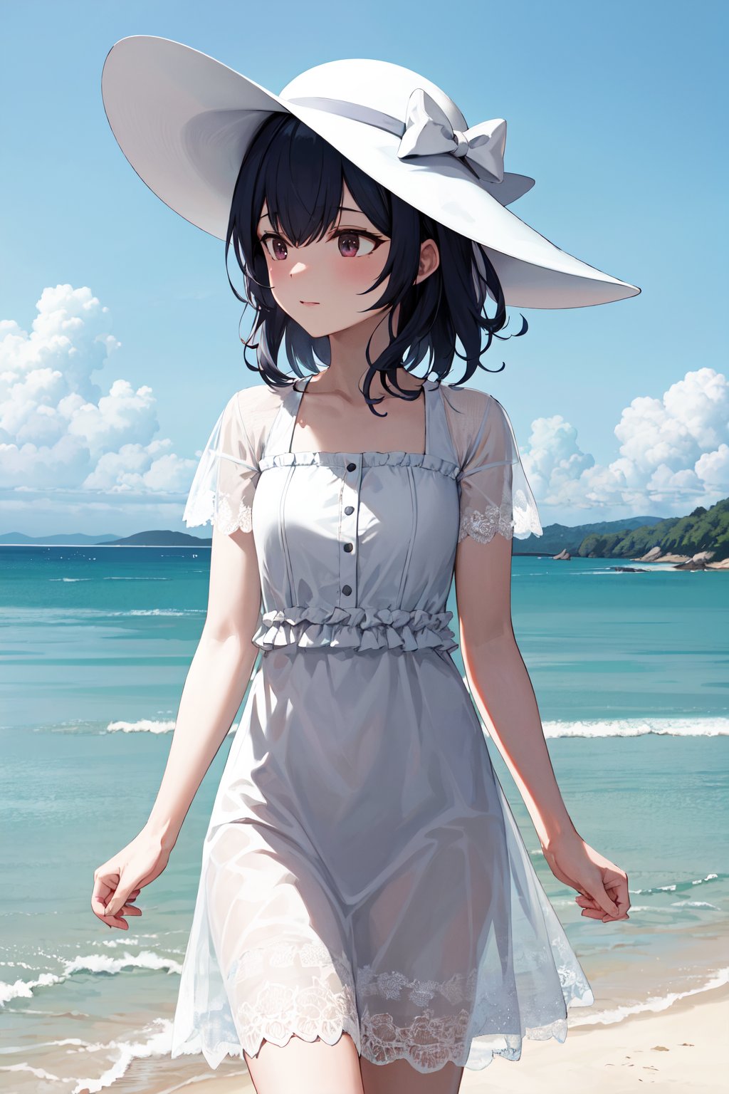 masterpiece, best quality, highres, bbrinze, medium hair, sun hat, white headwear, hat bow, collarbone, sundress, white dress, short sleeves, see-through, <lora:morino_rinze_v1:0.7>, beach, walking, cowboy shot, 