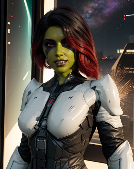 Gamora,green skin,multicolored hair,red eyes,hair over one eye,black and white bodysuit,armor,standing,upper body,light smile,teeth,science fiction,night,(insanely detailed,  masterpiece, best quality),solo,<lora:Gamora:0.8>,