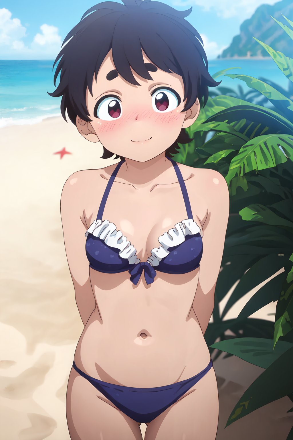 Nokoko Inaka, (8k, HD), 1 girl, alone, smile, short hair, black hair, thick eyebrows, hands behind back, beach, bikini, blushing, embarrassed<lora:EMS-468467-EMS:0.800000>