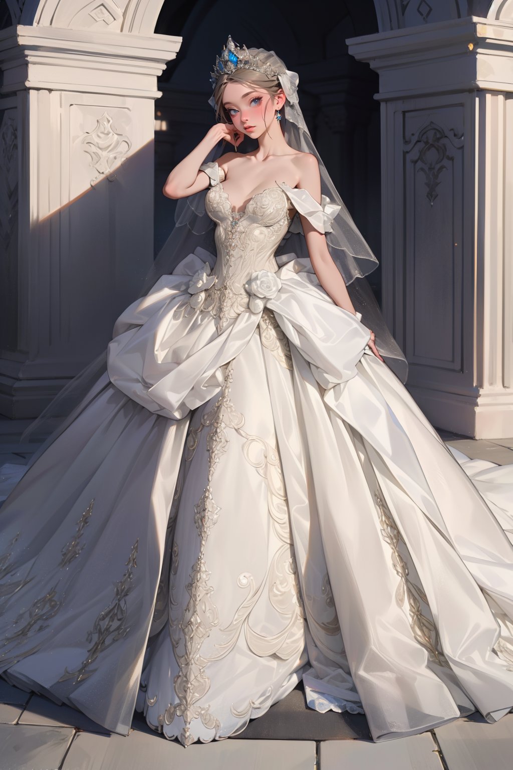 1girl,solo,medium breasts,outdoors,<lora:GoodHands-beta2:1>,(full body:1.3),<lora:0261 marguerite wedding dress_v1:0.9>,ruanyi0261,off-shoulder dress,pearl \(gemstone\),tiara,veil,wedding dress,, (masterpiece, best quality, hires, high quality, by professional artist, ultra detailed, extremely detailed, absurdres, incredibly resolution:1.2), good hands, perfect hands,