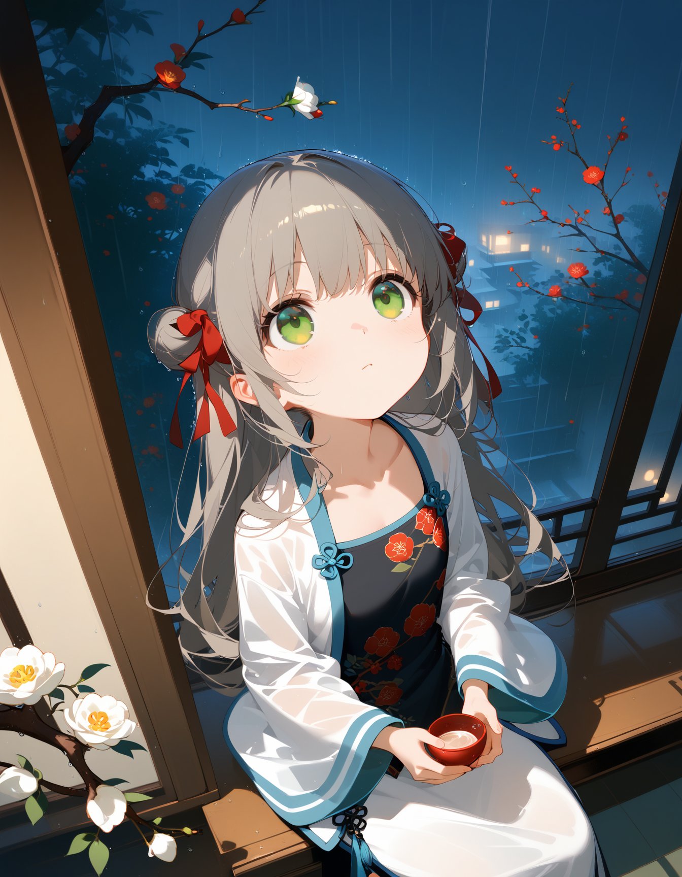 1girl,loli,solo,green eyes,chinese clothes,rain,flower,window,night,wide sleeves,ribbon,long sleeves,grey hair,long hair,hair ribbon,indoors,branch,collarbone,looking up,holding,sitting,closed mouth,