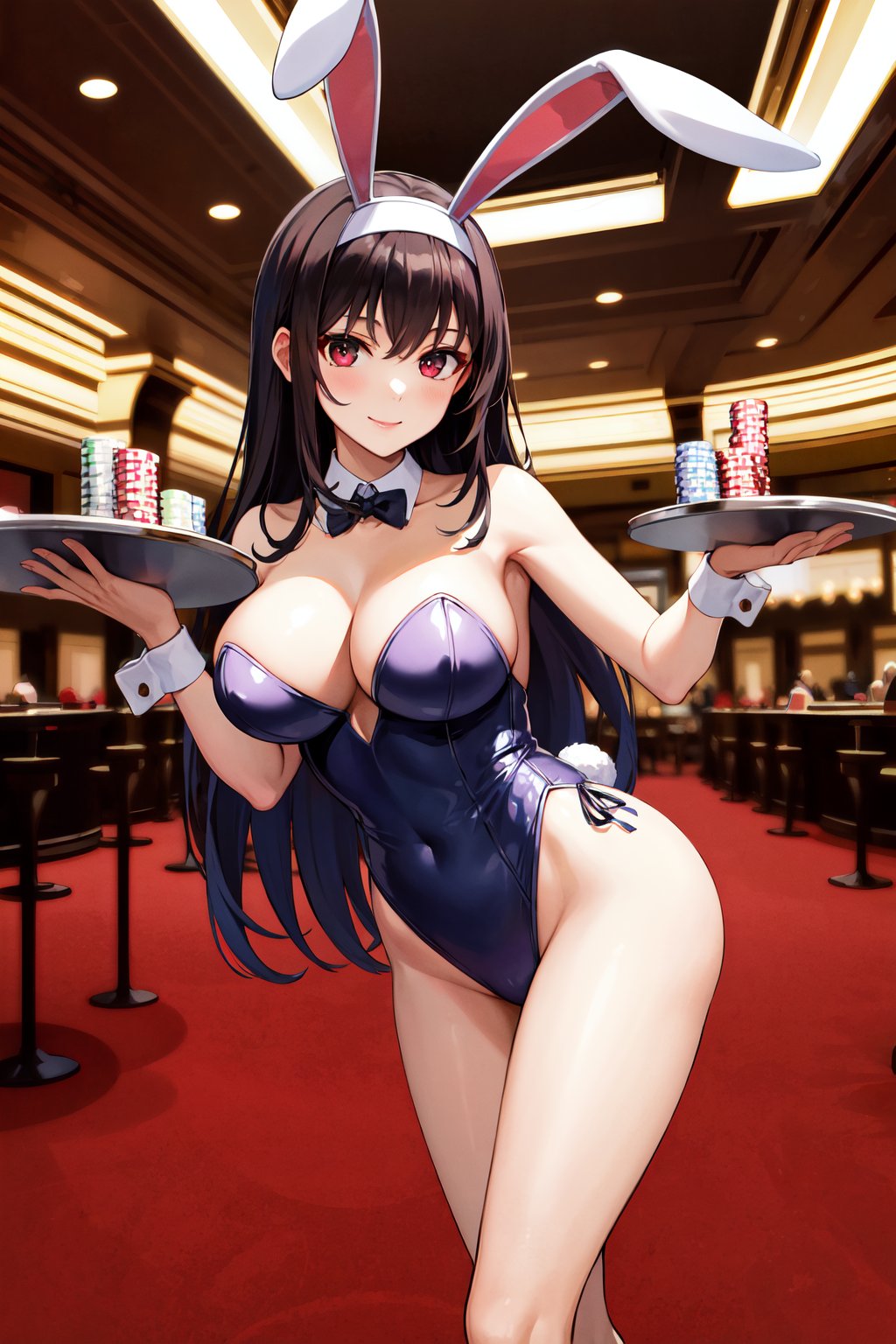 masterpiece, best quality, highres, aautaha, long hair, black hair, hairband, <lora:kasumigaoka_utaha_v2-1:0.7>, indoors, casino, playboy bunny, rabbit ears, standing, holding tray, smile,