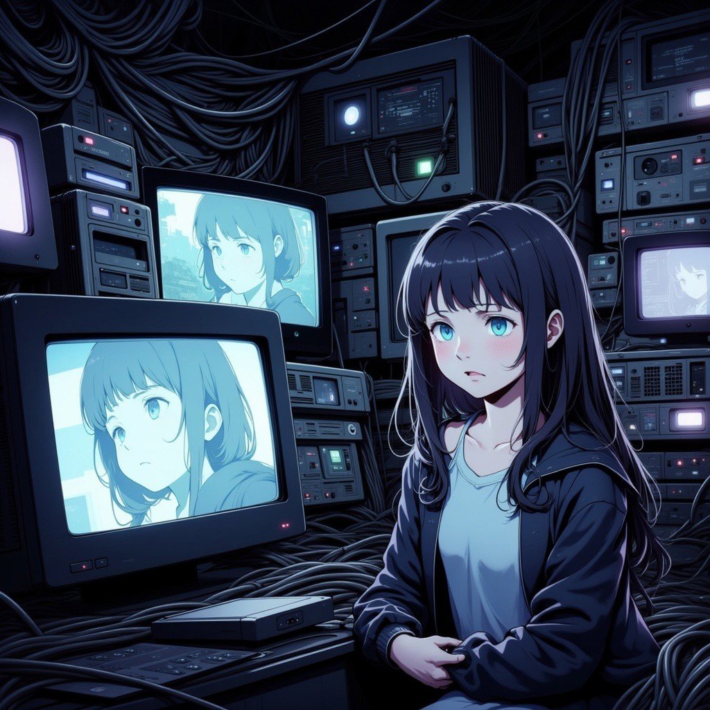 This digital illustration, rendered in a detailed, vibrant anime style, depicts a young woman in a dimly lit, futuristic room filled with computer equipment. The woman, with long, wavy hair and striking blue eyes, is seated in front of a cluttered desk filled with various screens, keyboards, and wires. She wears a dark, open jacket over a light blue top, and her expression appears focused or slightly worried. In front of her, a large, old-fashioned CRT monitor displays a glowing, pixelated image of a girl with short, curly hair and a serene expression. The room's atmosphere is heavy with cables and wires crisscrossing overhead, creating a chaotic yet organized appearance.