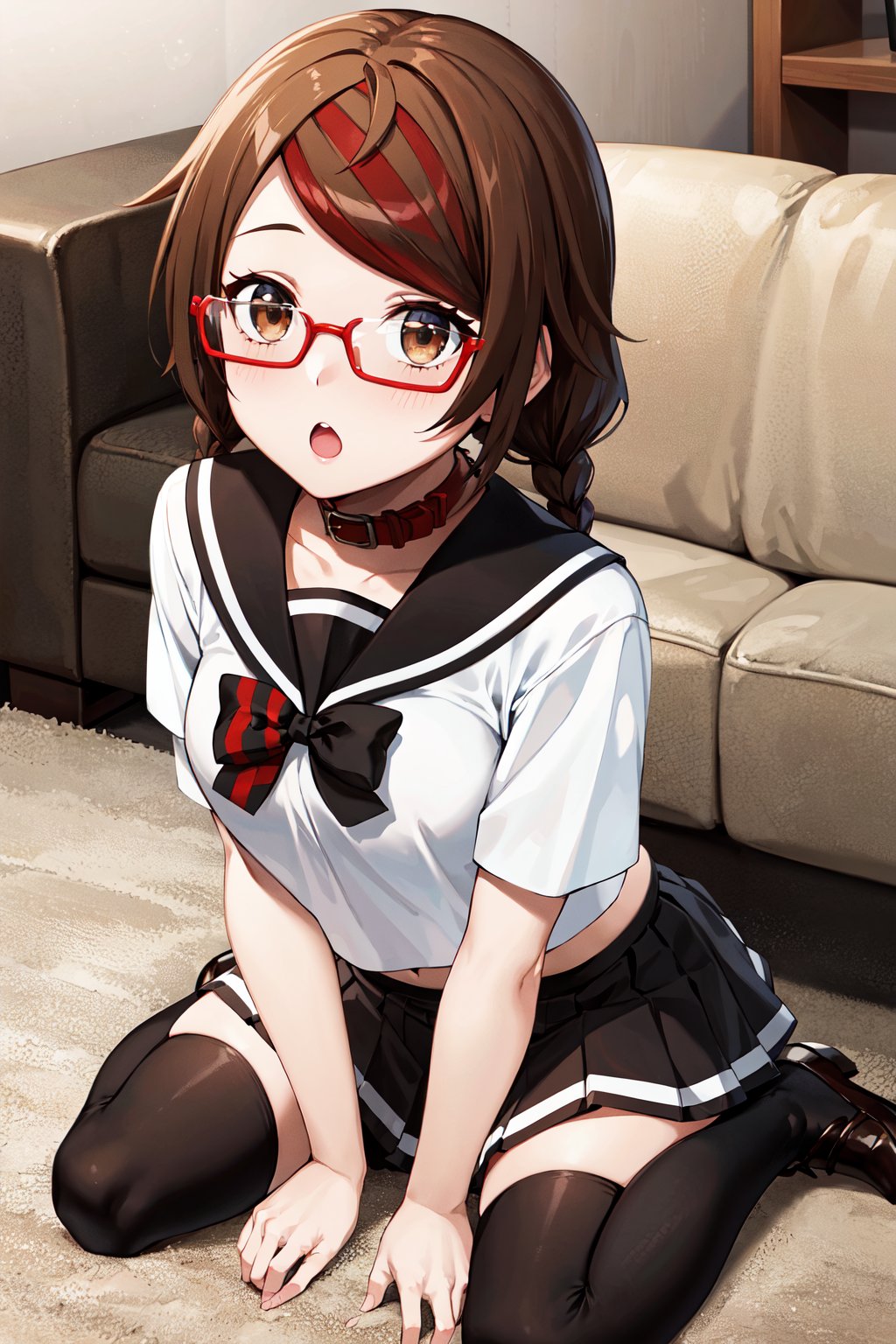 masterpiece, best quality, highres, aamisaki, twin braids, multicolored hair, brown eyes, red-framed eyewear, red collar, serafuku, sailor collar, multicolored bow, sailor shirt, white shirt, short sleeves, pleated skirt, black skirt, black thighhighs, <lora:sakimiya_misaki_v1:0.7>, living room, wariza, :o