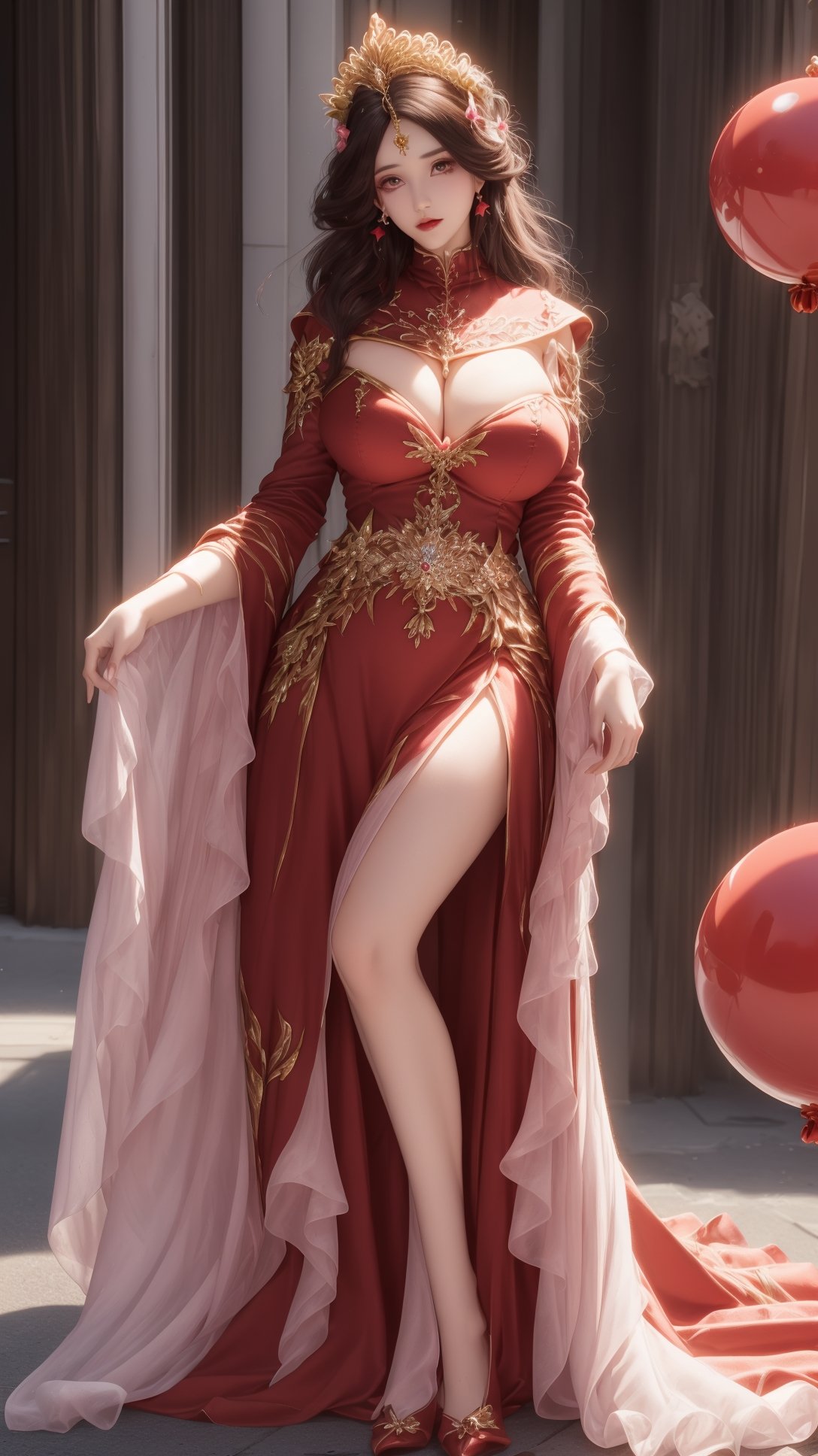 (1girl),smooth chin,masterpiece,detailed face,((hair ornament:1.2)),top quality,4k,make up,best quality,huge breasts,(looking at viewer),ribbon,shawl,sleeves,forehead mark,legs,on street,<lora:王者 露娜 一生所爱_v1.0:0.9>,hair crown,red ball hair ornament,full body,jewelry,red dress,dress lift,