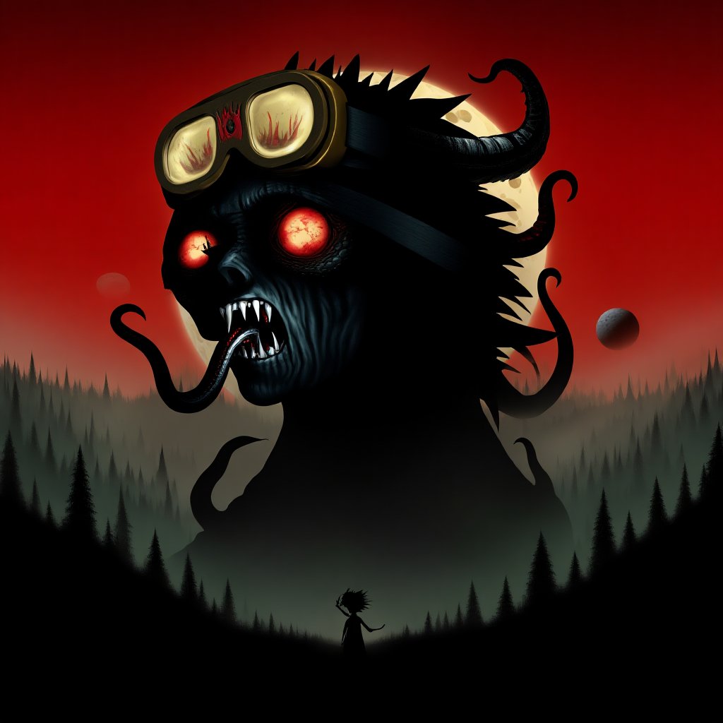 Horror landscape, fog, saliva, goggles, simple background, tentacles, fog, moon, forest, goggles, red sky, dragon, ambiguous gender, extra eyes, girl focus, fantasy, sharp teeth, silhouette, spikes, mask, planet, saliva, dark, shadow,lowbrow art style, surreal,<lora:LowBrowF1D:1>