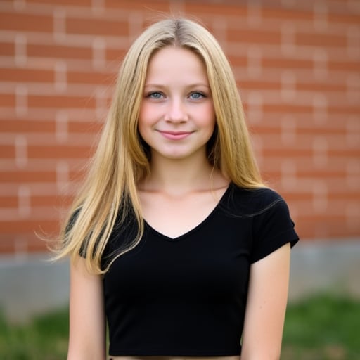 A high-resolution photograph of a beautiful 17-year-old girl with blonde hair and green eyes standing outdoors in front of a brick wall on a summer day. The girl is wearing a black crop top.