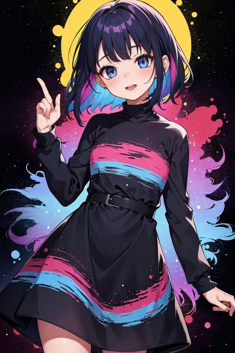 1girl, cute, young, wearing a (disintegrating:1.1) dress, galaxy, astral, vibrant colors, (masterpiece, best quality), official art, shading, (zentangle:0.8)