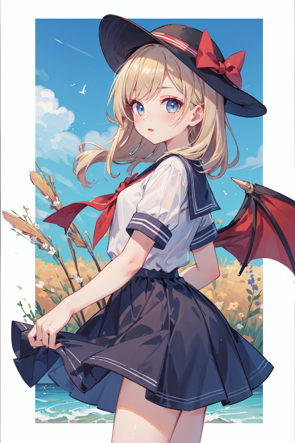 (cowboy_shot:1.3),(from_side:1.2),(depth of field:1.1),1girl,looking at viewer,Beachy Waves,wheat hair,evil smile,makeup,lipstick,sailor hat,bat wings,Frilled white shirt half-tucked into a satin pleated long skirt with slingback pumps,honeydew background,(english text:1.1),(border:1.7),beautiful face,beautiful eyes,glossy skin,best quality,masterpiece,ultra-detailed,illustration,absurdres,<lora:增强减少细节add_detail:0.3>,