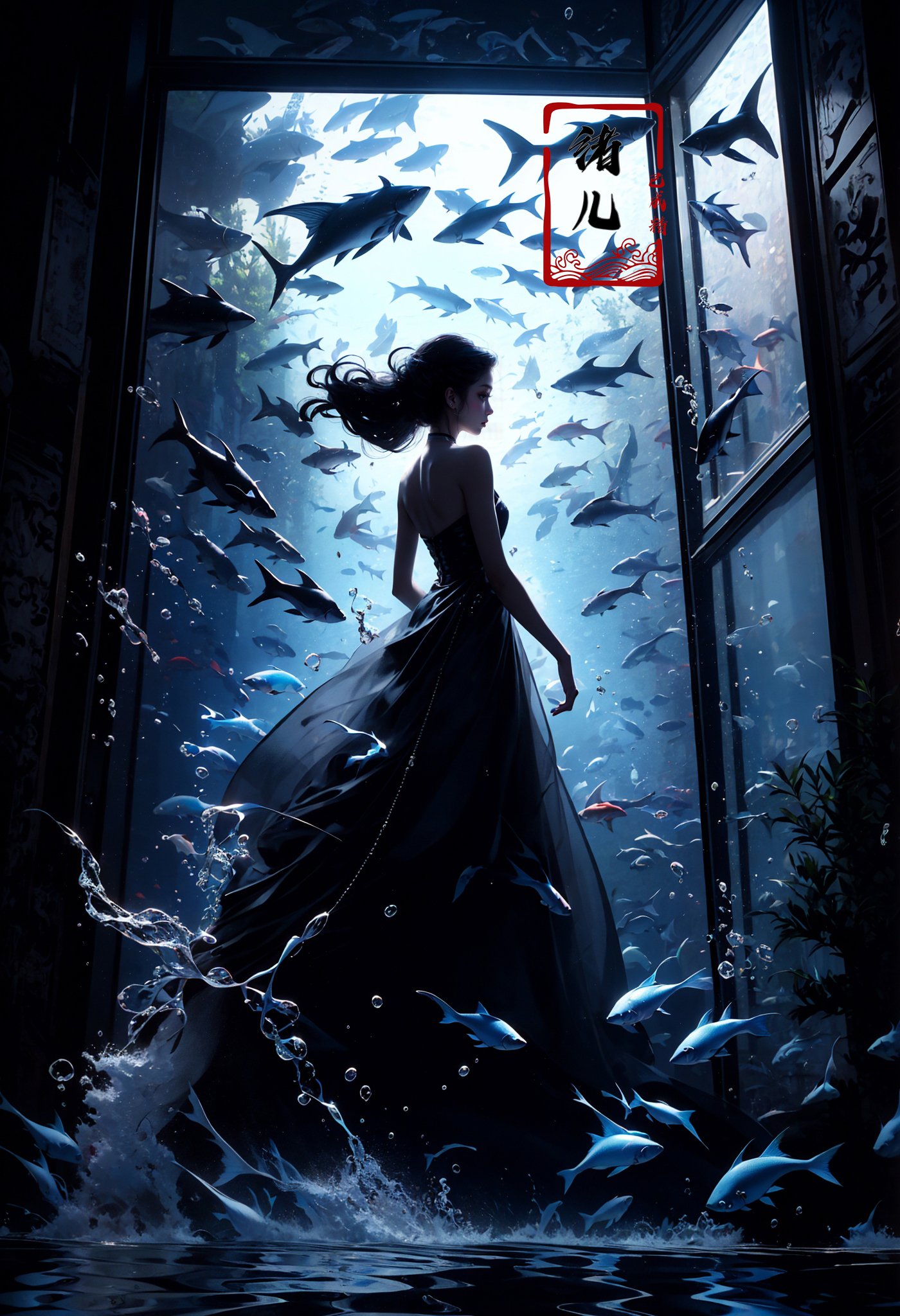 black theme, fish, aquarium,  solo,1girl, scenery, dark, from behind, indoors, water，<lora:绪儿-海底世界 Underwater world:0.8>