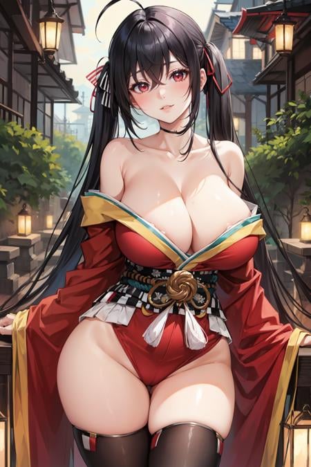 masterpiece, best quality, ultra-detailed, glowing light, (detailed background, complex background:1.2), (perfect face, detailed face), (mature female, milf:1.4), light smile, parted lips, thighs, full-face blush,<lora:Taihou:0.8> taihou, long hair, looking at viewer, hair between eyes, very long hair, ahoge, huge breasts, bare shoulders, crossed bangs, collarbone, twintails, ribbon, thighhighs, hair ribbon, off shoulder, thighs, black thighhighs, kimono(garden, outdoors, arms support) 