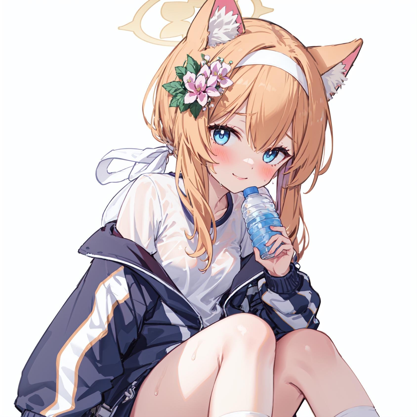 ((masterpiece,best quality)),((white background)),mariTrack, 1girl, mari (blue archive), solo, animal ears, halo, bottle, flower, official alternate costume, hair ornament, hair flower, orange hair, long hair, jacket, gym uniform, water bottle, looking at viewer, blue eyes, hairband, blush, sitting, animal ear fluff, white hairband, holding, sweat, holding bottle, locker, shirt, bangs, white shirt, track jacket, socks, short sleeves, white socks, shorts, buruma,smile, blush, lean forward, (see through), sweat,<lora:iochiMari:1>,