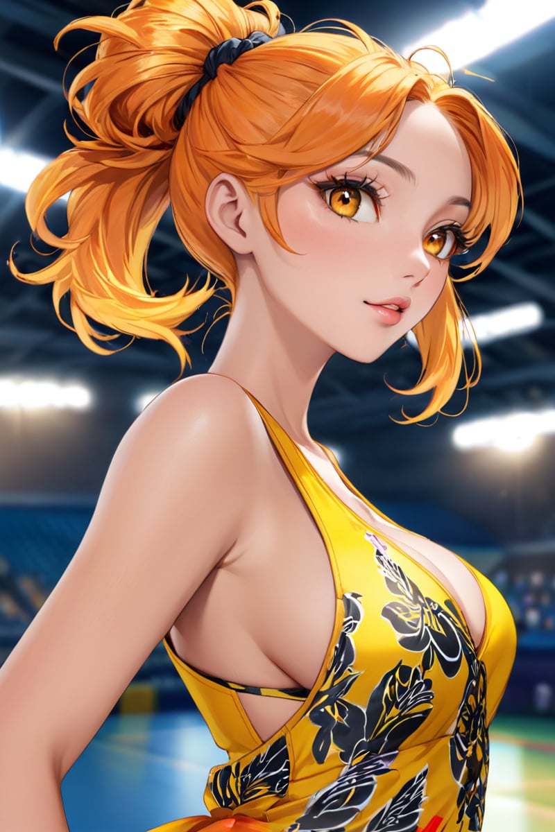 extreemely detailed,sexy, cleavage, asian beauty, fancy colorful dress, amazing background, high definition photo, ultra detailed skin, ultra detailed face, small skin imperfections, 1girl, Top knot, saggy breasts, Athletic body, orange eyes, Canary yellow hair