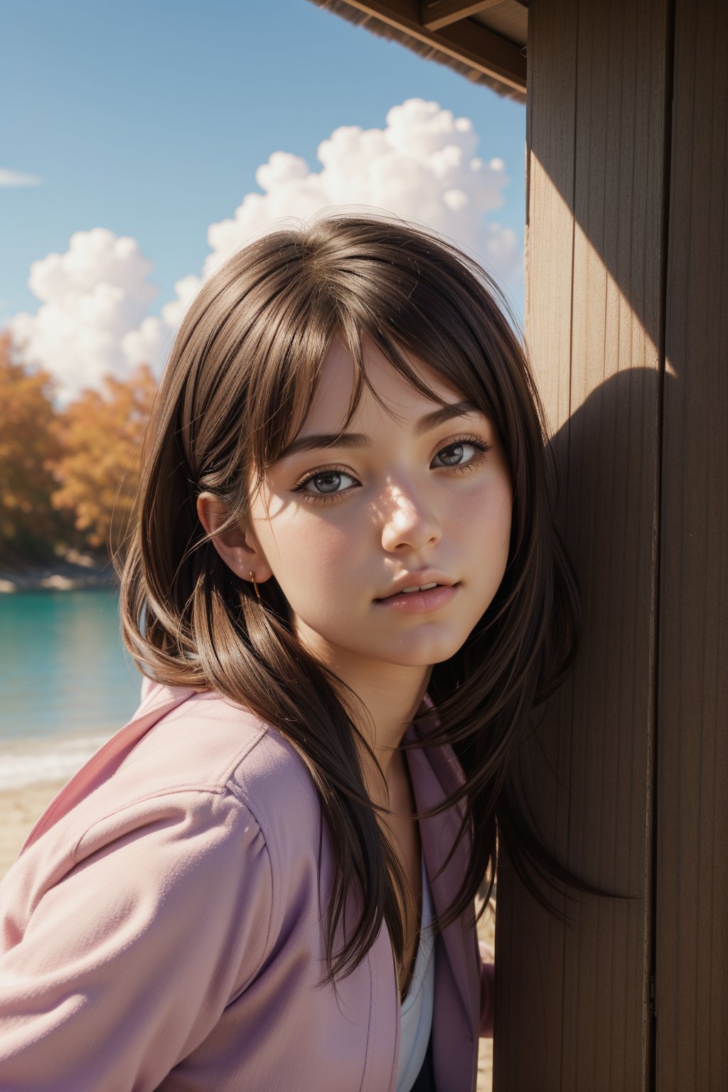 1girl, (realism art stylized by Scott Listfield:1.1) , dark Physically based render, warm beach and forest, Terrorwave, masterpiece, eye-level shot of a ("Victory":1.3) , it is very Pretty and Painterly, fall background, Summer, FOV 90 degrees, Simple illustration, Hopeful, rim light, telephoto lens, Vibrant Color, Elegant, Lavender background, trending on CGSociety, 4K, RAW photo