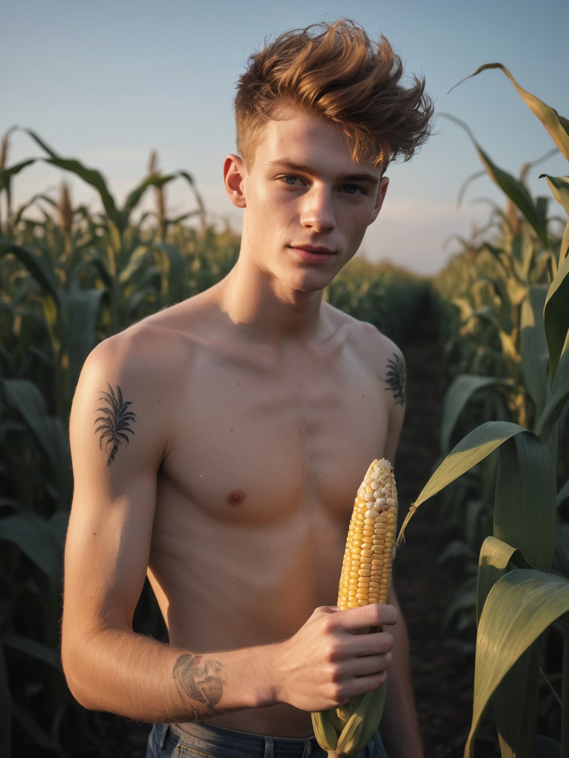 Cinematic still frame, medium shot, close-up, dynamic posture,  hyperdetailed photography of an slender (shirtless:1.0) 18yo pale irish teen thin, holding a corn cob in his hand, detailed eyes, gentle smile, wearing a ripped jeans shorts, in a densely overgrown corn field with tall corn plants at sunset, backlit, (mystic tattoos:1.2), shaggy ginger hairs, cinematography, RAW, hyper detailed photorealistic life-like accurate proportional sharp focus, (accurate cinematic lighting), photorealistic detail, (selective focus:0.6)