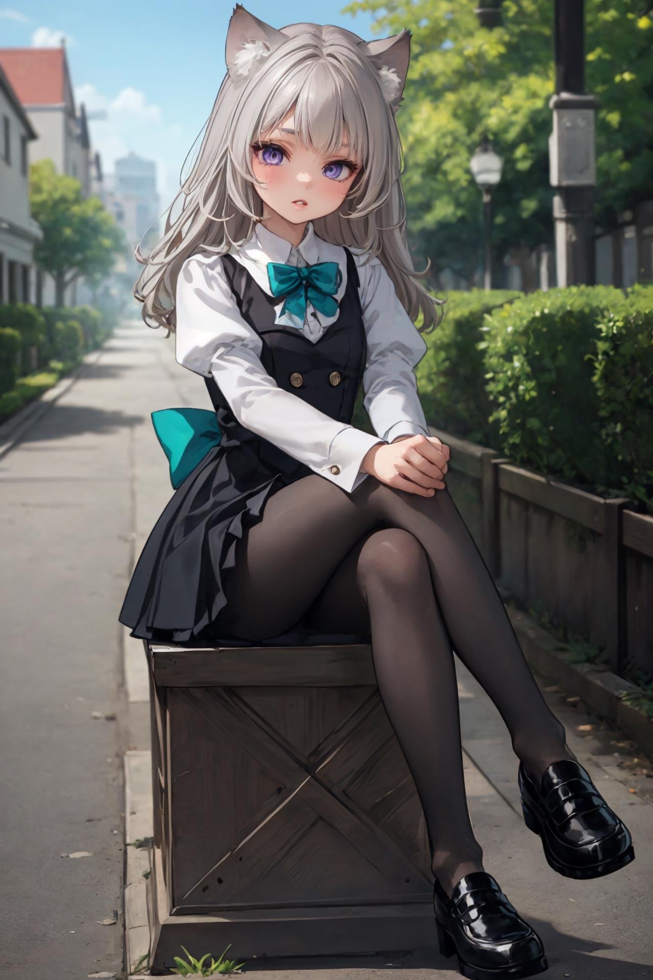 masterpiece, best quality, solo, 1girl, (full body:1.5), parted lips, sitting, (legs crossed:1.5), french town, outdoors, <lora:Genshin_Little_Lynette_v2-000360:0.65>, long hair, long sleeves, black dress, black vest, collared shirt, teal bow, cat ears, parted lips, purple eyes, cat tail, grey hair, grey pantyhose, black loafers, puffy sleeves, bowtie, teal plaid skirt, pleated skirt, black skirt, pov, 