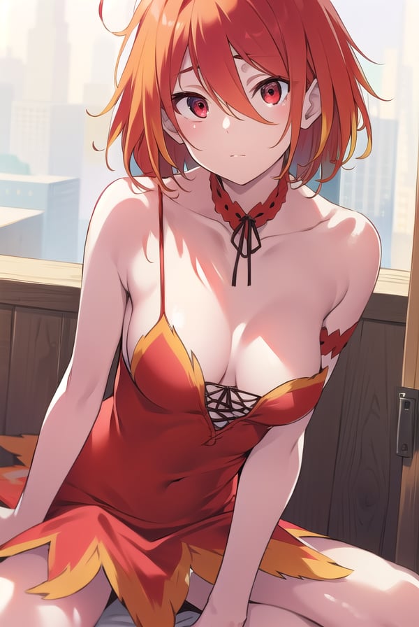 amagisalama, <lyco:amagisalama-LYCORIStest:1>,salama, orange hair, (red eyes:1.5), short hair, ahoge, (small breast:1.2),BREAK bare shoulders, choker, dress, multicolored clothes, multicolored dress, orange dress, red choker, red dress,BREAK looking at viewer,BREAK outdoors, city,BREAK <lora:GoodHands-vanilla:1>, (masterpiece:1.2), best quality, high resolution, unity 8k wallpaper, (illustration:0.8), (beautiful detailed eyes:1.6), extremely detailed face, perfect lighting, extremely detailed CG, (perfect hands, perfect anatomy),