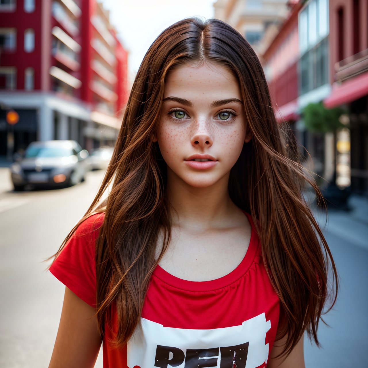 best quality view from below, full body portrait of beautiful (AIDA_LoRA_MeW2016:1.08) <lora:AIDA_LoRA_MeW2016:0.91> in (simple red t-shirt:1.1), [little girl], glossy skin with visible pores and freckles, pretty face, intimate, dramatic, kkw-ph1, (colorful:1.1), (on the street:1.1), buildings, cars, city, sunlight, outdoors