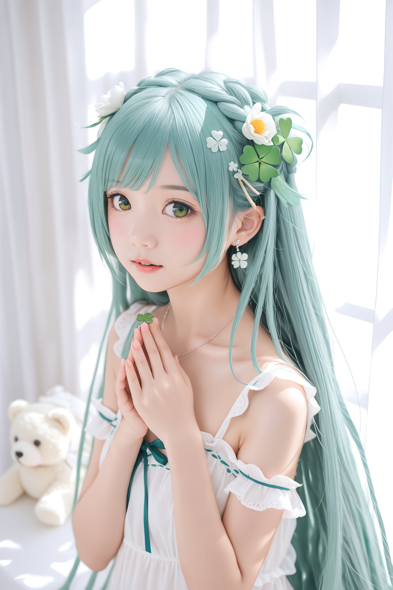 masterpiece,Realism,best quality,loli,1girl,Luo Tianyi (Vocaloid), clover, solo, long hair, green eyes, four-leaf clover, dress, flower, own hands together, looking at viewer, water, hair ornament, parted lips, very long hair, bangs, earrings, white background, jewelry, bare shoulders, upper body, white dress, hair flower, ribbon, simple background, hands up, blush