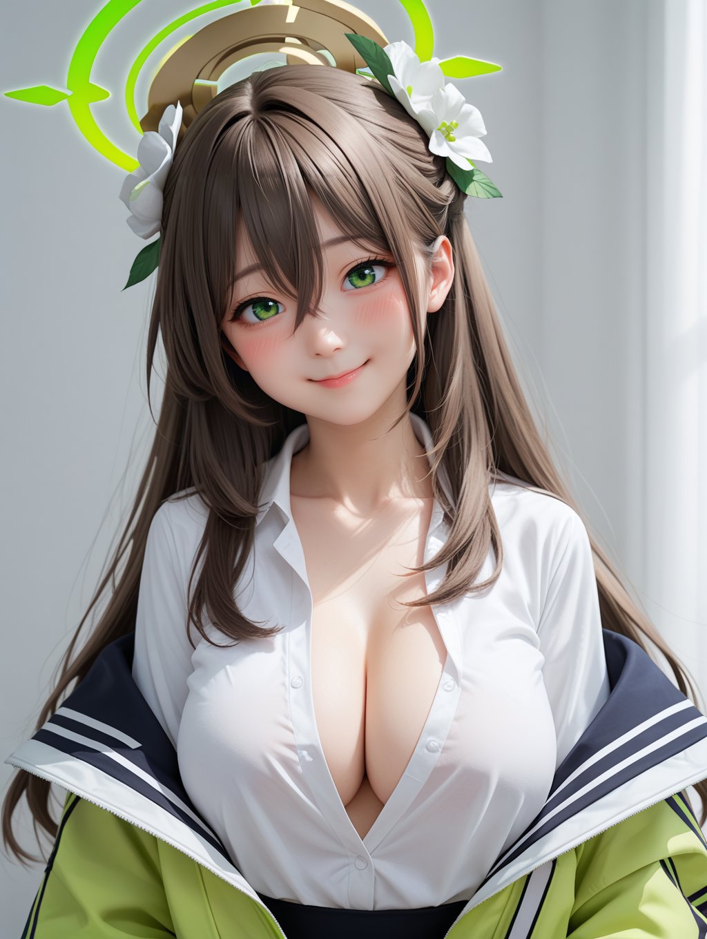 score_9, score_8_up, score_7_up,source_real,rating_explicit,BREAK1girl, solo, upper body, blue archive, nonomi \(blue archive\), blush, breasts, brown hair, closed mouth, green eyes, hair between eyes, hair bun, hair flower, hair intakes, halo, jacket, large breasts, long hair, long sleeves, open clothes, open jacket, shirt, single hair bun, smile, white shirt