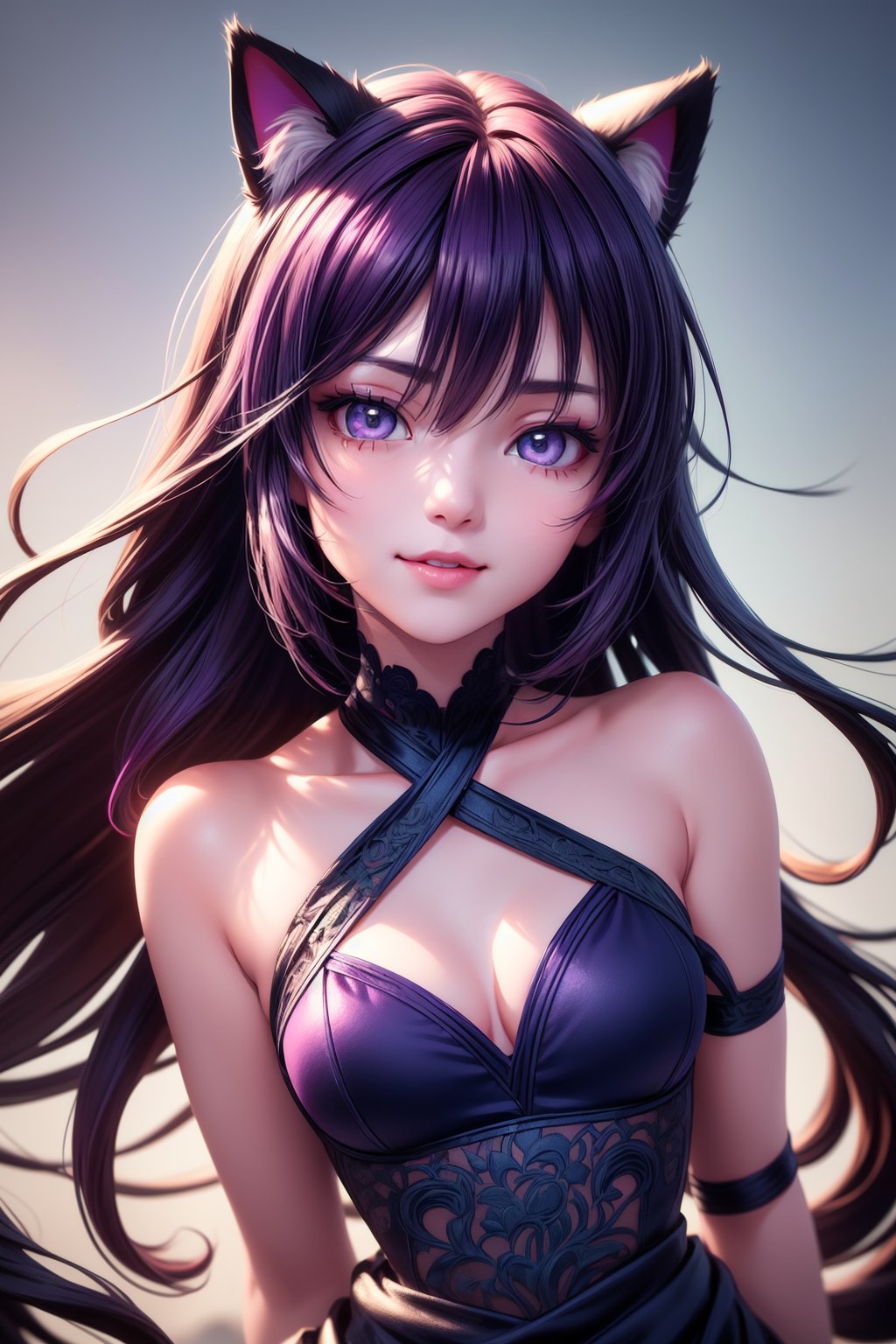 1 cute girl, 18yo, most beautiful, cute, (gorgeous face), eyeliner, ((extreme long hair)), ((dark violet hair and cat ears)), ((hair blows in the wind)), (pink eyes), slim waist, narrow shoulders, short torso, soft thighs, short face, (happy smile), ((medium small round breasts)), (beautiful detailed eyes), reflections in eyes, symmetrical eyes, (beautifully detailed face), detailed lips:1, detailed iris,  (((dark blue and silver criss cross halter dress), perfect beautiful detailed dress ((fantasy world)), beautiful detailed background,  absurdres,  portrait,(masterpiece:1.2), (best quality:1.2), newest, ai-generated, ultra-detailed, best shadow, detailed background, high contrast, (best illumination, an extremely delicate and beautiful), ((cinematic light)), hyper detail, dramatic light, intricate details, 8k, anime, very aesthetic<lora:more_details:0.5>