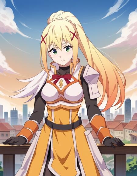 score_9, score_8_up, score_7_up, source_anime,lalatinadustinessford, <lora:lalatina-dustiness-ford-s2-ponyxl-lora-nochekaiser:1>,darkness \(konosuba\), long hair, green eyes, blonde hair, hair ornament, ponytail, braid, x hair ornament,gloves, armor, bodysuit, shoulder armor, armored dress,outdoors, cityscape,looking at viewer, dutch angle, cowboy shot,