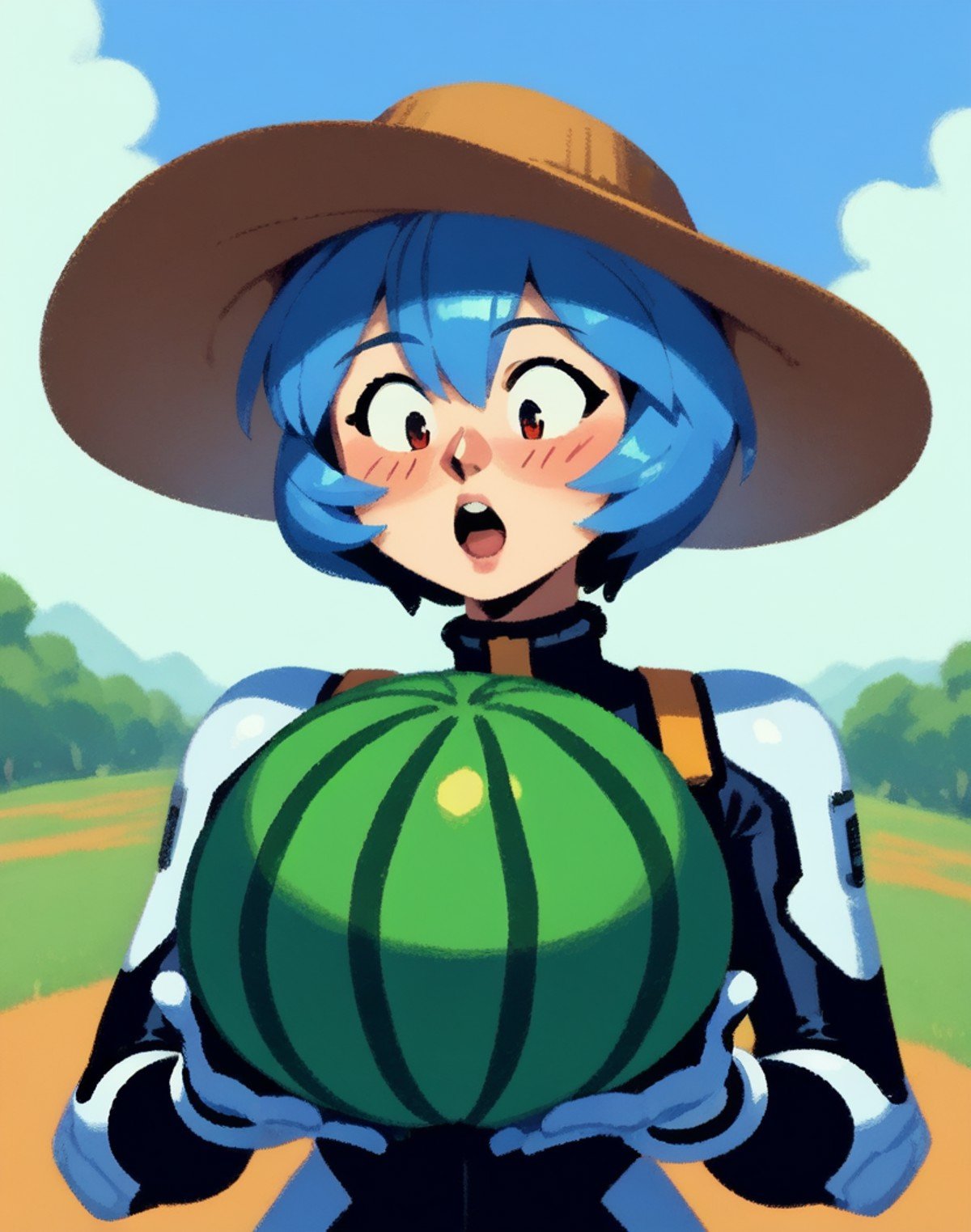 rei ayanami  1girl portrait, blue hair,   farm hat, plugsuit holding huge melon, panicking, surprised, (wide open eyes:1.2), looking down, open mouth, blue clear sky   <lora:Crude:0.7> <lora:Sadamoto Yoshiyuki_XL_PONY:0.25>, score_9, score_8_up, score_7_up, score_6_up