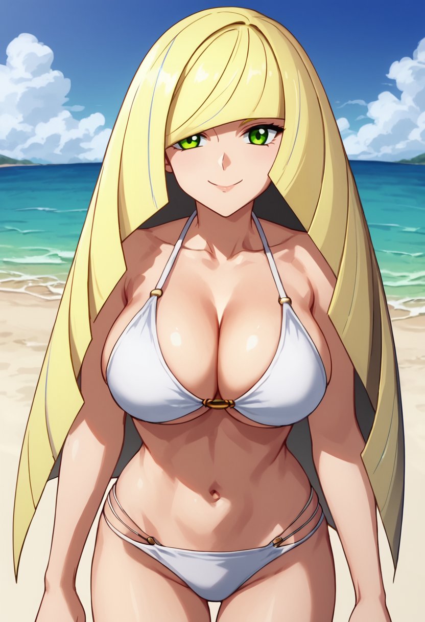 score_9, score_8_up, score_7_up,source_anime,anime coloring,perfect anatomy,cinematic_shadow,anime screencap,<lora:animestyle:1>finetuneanimeBREAK <lora:lusamine:1>lusamine, 1girl, breasts, swimsuit, lusamine (pokemon), solo, blonde hair, bikini, green eyes, long hair, large breasts, navel, smile, alternate breast size, outdoors, beach, white bikini, looking at viewer, cleavage, very long hair, day, collarbone, hair over one eye, bangs