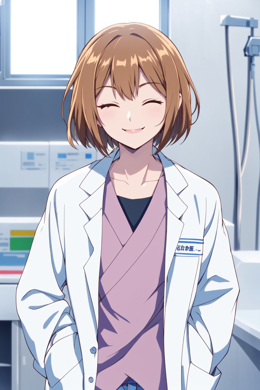 (RAW photo, best quality), 1girl,  natural lighting,  <lora:shouko_dr_elise_v1_2-000004:1>, shouko, labcoat,smile, hospital, hands in pocket, smile, one eye closed,