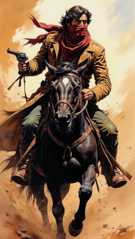 A hardened outlaw with a bandana covering  completely his face rides through a dusty desert on a black horse. His eyes are sharp and vigilant, scanning the horizon for danger. The wind whips at his tattered coat as he clutches a revolver in one hand<lora:Adventure_Comic_Book:0.8>