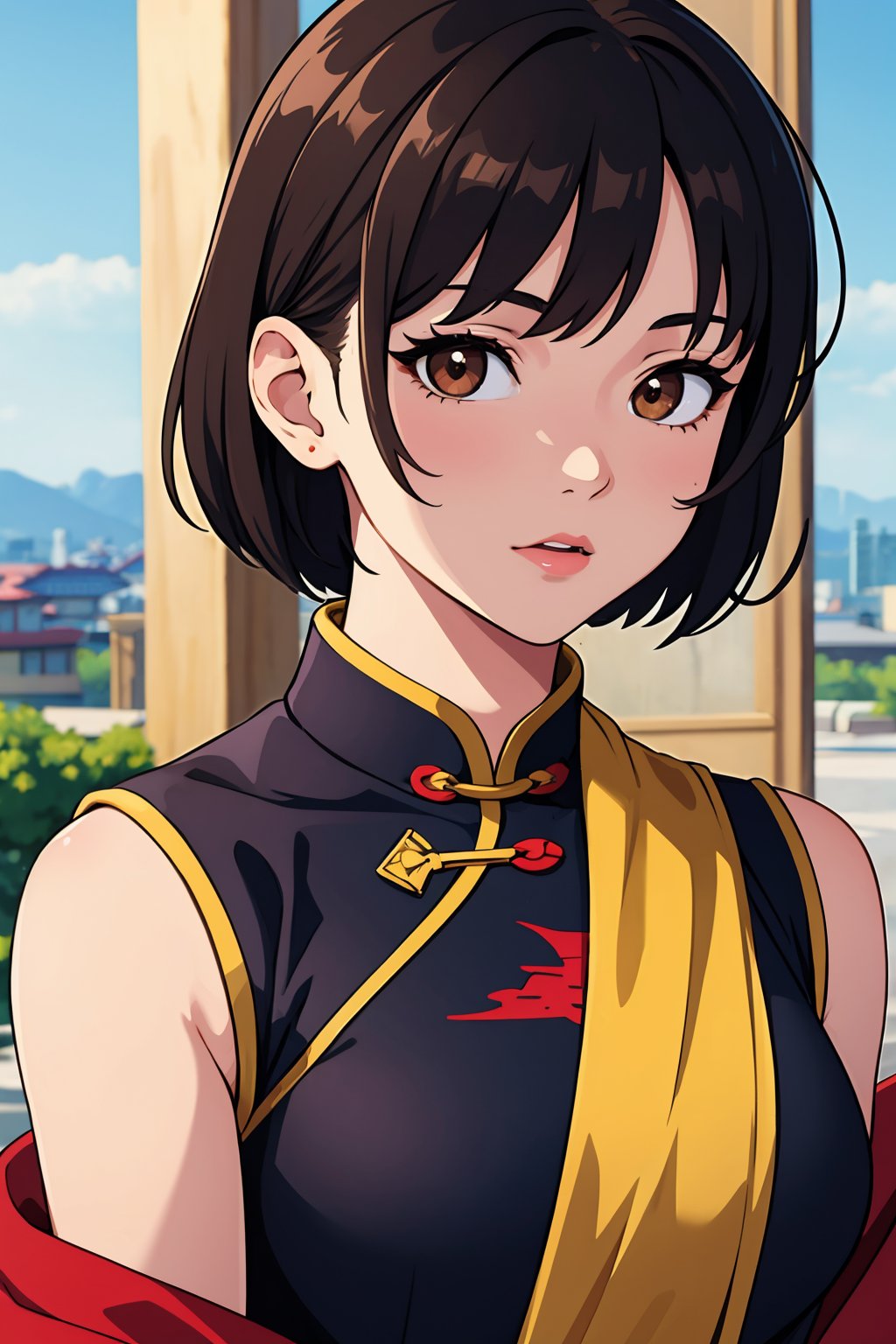 (best quality:1.4),(masterpiece:1.4),(8K:1.4),(extremely detailed:1.4),1girl,solo,brown eyes,(upper body:1.2),looking at viewer,short hair,black hair,chinese clothes,