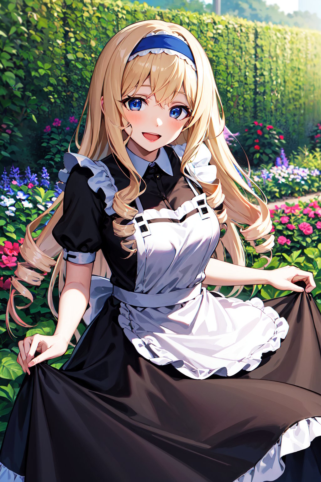 masterpiece, best quality, highres, aacecilia, long hair, curly hair, drill hair, blue hairband, <lora:cecilia_alcott_v1:0.7>, maid, black dress, skirt hold, garden, smile, open mouth, standing