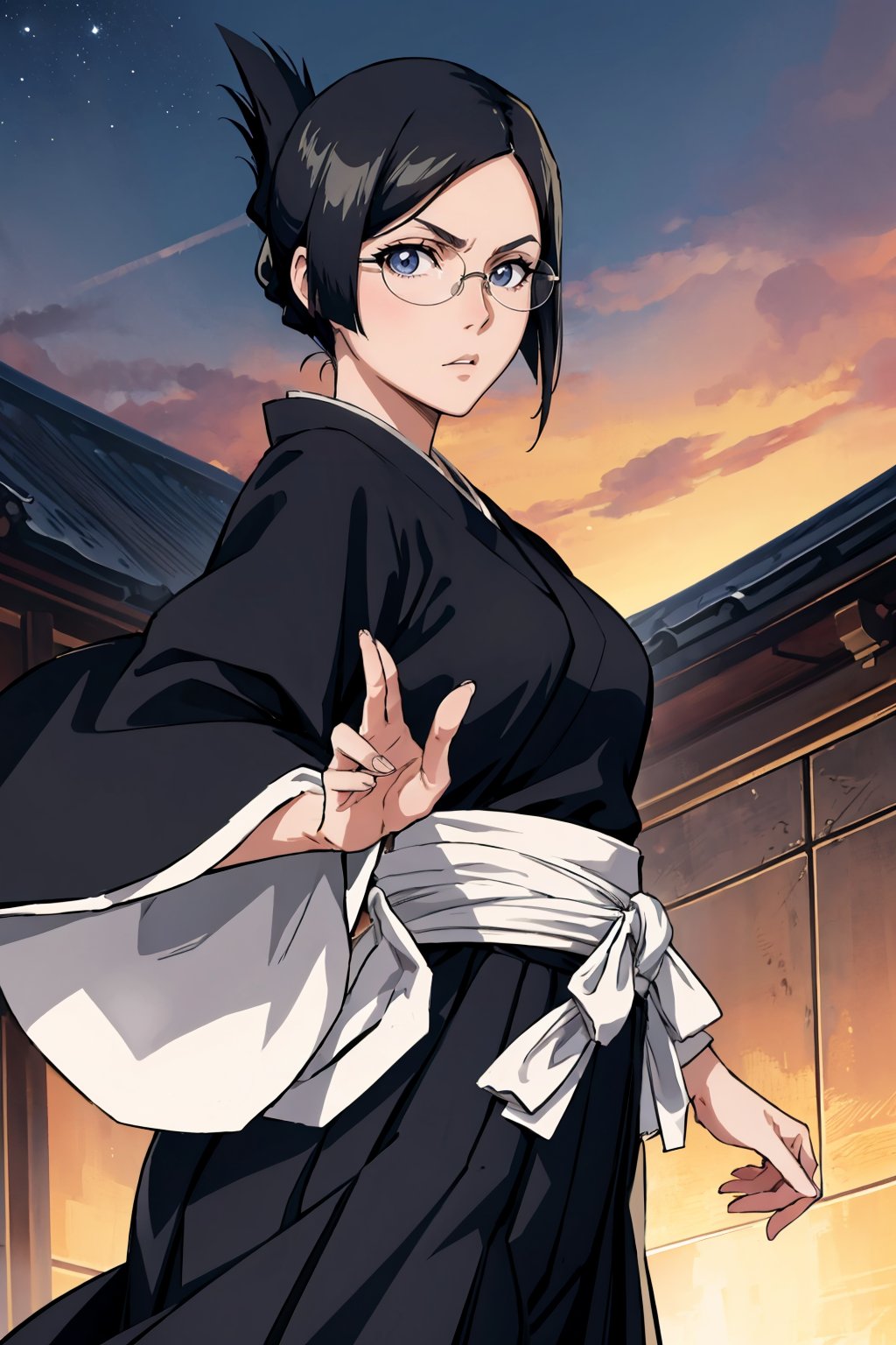 masterpiece, best quality, <lora:isenanao-nvwls-v1-000009:0.9> ise nanao, folded ponytail, glasses, black robes, sash, hakama skirt, cowboy shot, from below, furrowed brow, looking at viewer, dynamic pose, wide stance, night sky, cityscape