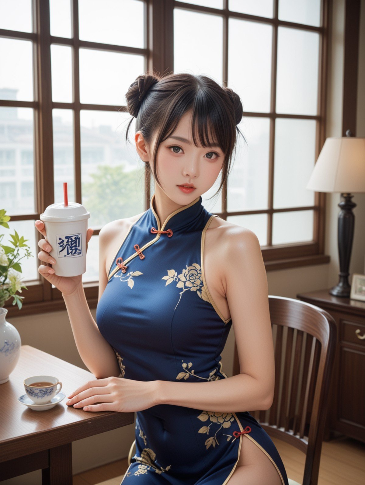 score_9, score_8_up, score_7_up,indoors, 1girl, china dress,  holding cup, 