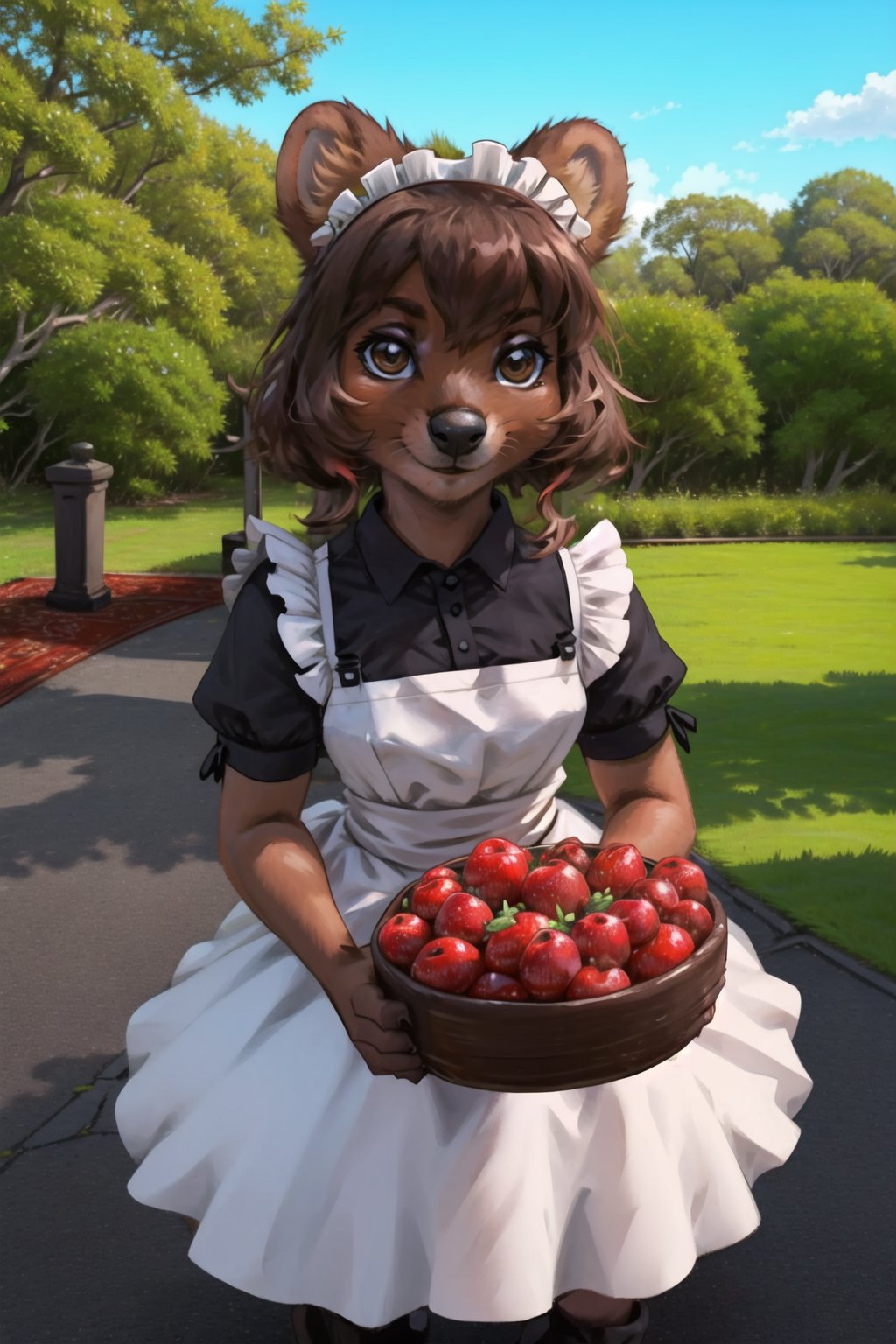 masterpiece, best quality, looking at viewer, outdoorsfurry girl,maid,brown hair,quokka, aidaishu <lora:output_name:0.4>