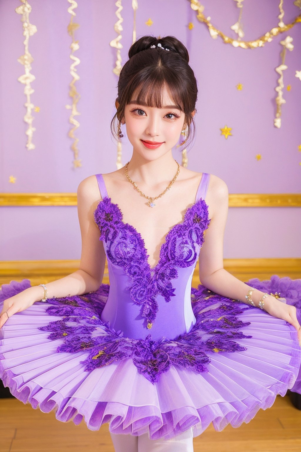 HDR,UHD,8K,best quality,masterpiece,Highly detailed,Studio lighting,ultra-fine painting,sharp focus,physically-based rendering,extreme detail description,Professional,masterpiece, best quality,delicate, beautiful,(1girl),(purple Ballet_tutu:1.5),(jewelry:1.5),lace,(looking_at_viewer:1.2), realistic,(blunt bangs:1.2),(hair bun),(standing:1),(hair ornament:1.2), (jewelry necklace:1),dance classroom background,(Half-length photo:1),(smile:1),(white lace stockings:1),