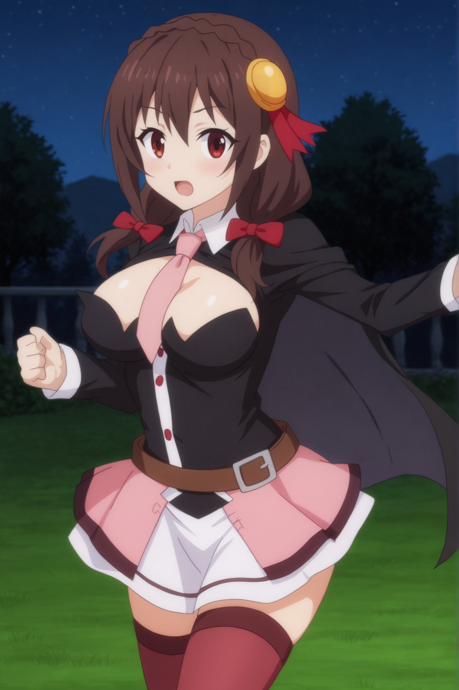 <lora:Yunyun:0.7> Yunyun, 1girl, solo, breasts, looking_at_viewer, open_mouth, skirt, long_sleeves, thighhighs, bow, cleavage, cowboy_shot, necktie, belt, miniskirt, cape, night, white_skirt, between_breasts, pink_skirt, running, necktie_between_breasts, pink_necktie, anime_coloring <lora:sdxl_lightning_4step_lora:1>