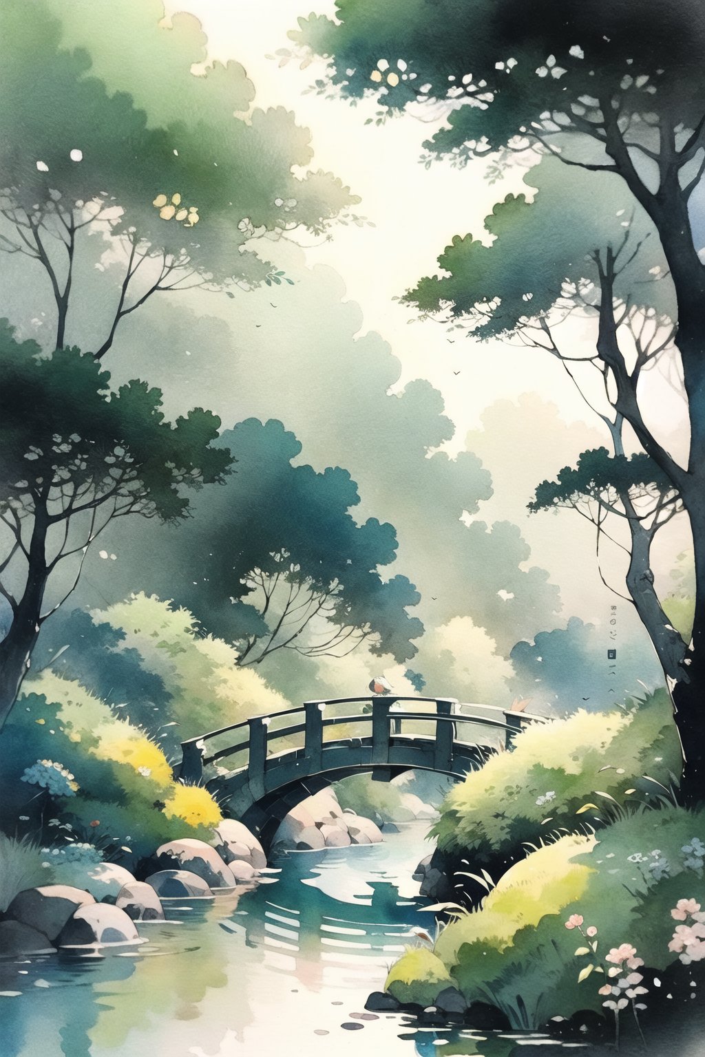 watercolor_(medium),forest,bridge,green,