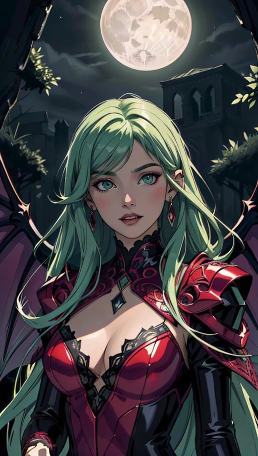 (best quality, masterpiece, highres:1.2), succubus girl, gothic, large demon red wings (high resolution textures), long green hair, (abstract art), half demon, crimson cat iris, cat eyes, vampire very long fangs, (intricate details, hyperdetailed:1.15), detailed, moonlight passing through hair, (official art, extreme detailed, ), HDR+