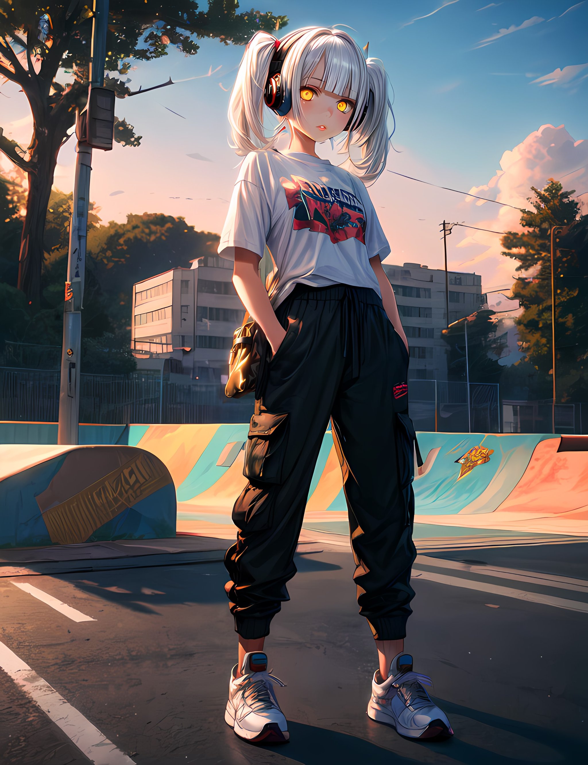 1girl, short, small breast, blunt bangs, headphones, sidelocks, twintails, spikey hair, white hair, yellow eyes, full body, cargo pants, baggy shirt, short sleeves, sneakers, solo, standing, holding book, skatepark, trees, sky, golden hour, rails,  <lora:more_details:0.5> <lora:hairdetailer:0.5>