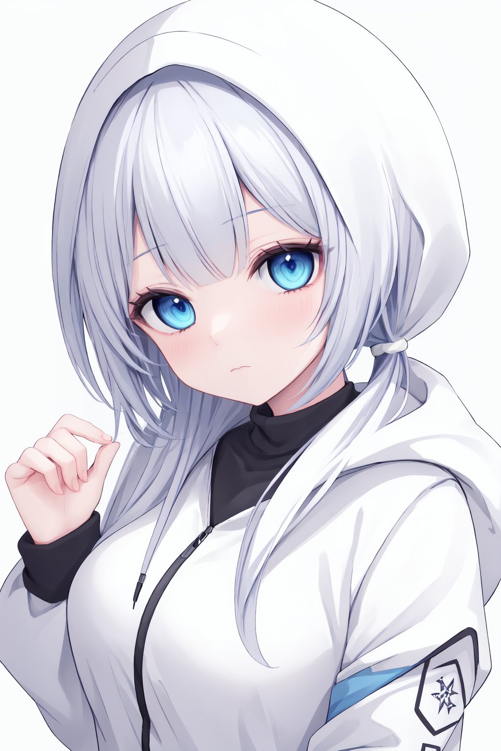 1girl, solo, blue eyes, hood, white hair, hood up, looking at viewer, upper body, twintails, jacket, white jacket, long sleeves, bangs, hair ornament, expressionless, low twintails, hooded jacket, long hair, closed mouth, hand up, blue background, abstract background,