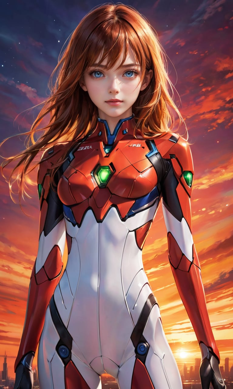 4n1v3rs3, zPDXLrl, (souryuu asuka langley), red EVA pilotsuit, blue eyes, full lips, light smile, hair between eyes, gloves,(red evangelion bodysuit:1.5), looking at viewer, skinny, narrow waist, very long brown hair, hair ornament, skin tight, (colorful sunrise background:1.3), (intricate details), (dynamic angle), <lora:add-detail-xl:2>