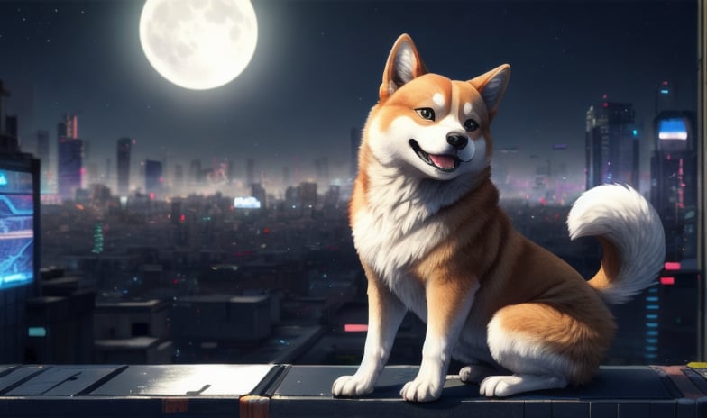 ((masterpiece, best quality:1.4)), bokeh, fluffy, 3d, solo, feral, full-length portrait, animal focus, solo focus, open smile,shiba inu,cyberpunk, city background, science fiction, moonlight, 