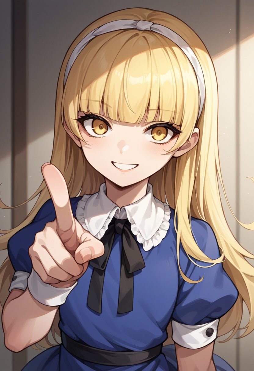 score_9, score_8_up, score_7_up, source_anime BREAK 1girl, solo,  <lora:zs_AliceXL:1> alicesmt, dress, long hair, blonde hair, hairband, blunt bangs, puffy sleeves, blue dress, yellow eyes, smile, pointing at viewer, bedroom