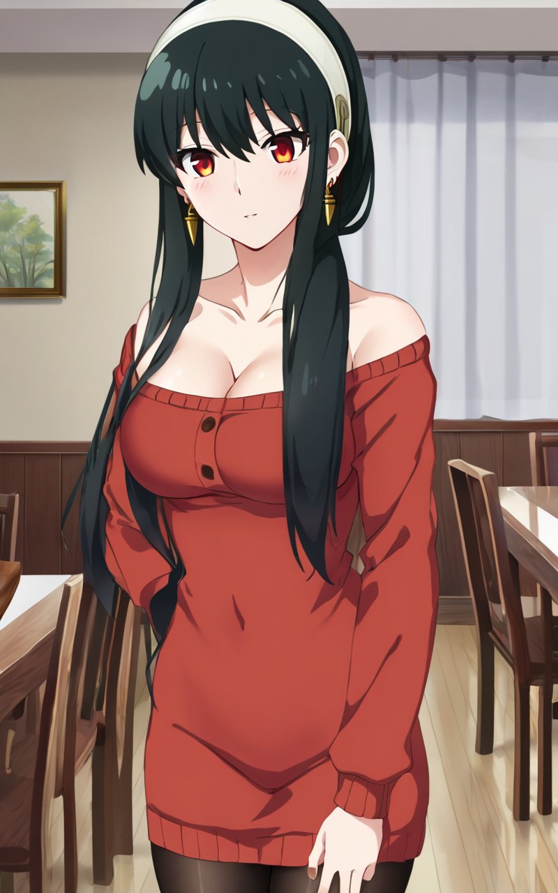 1girl, <lora:sdxl-sf-yor_briar:0.9>, yor briar, yor forgfer, long hair , long length red sweater_dress, off shoulder, long sleeves collarbone cleavage, dining room, black pantyhose, white hairband , black hair sideburns, (slanted eyes) red eyes, medium breasts, shiny hair, bangs, gold earrings, long locks, hair between eyes, skindentation flustered look , extremely quality extremely detailed, illustration, cute anime face