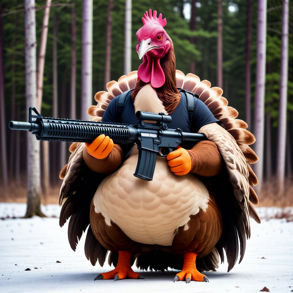 Minimalist style with a focus on simplicity, clean lines, and a limited color palette, Giant turkey with a machine gun and a menacing look, simplicity, clean lines, limited color palette, modern, sleek, understated, minimal, elegant,Giant turkey with a machine gun and a menacing look