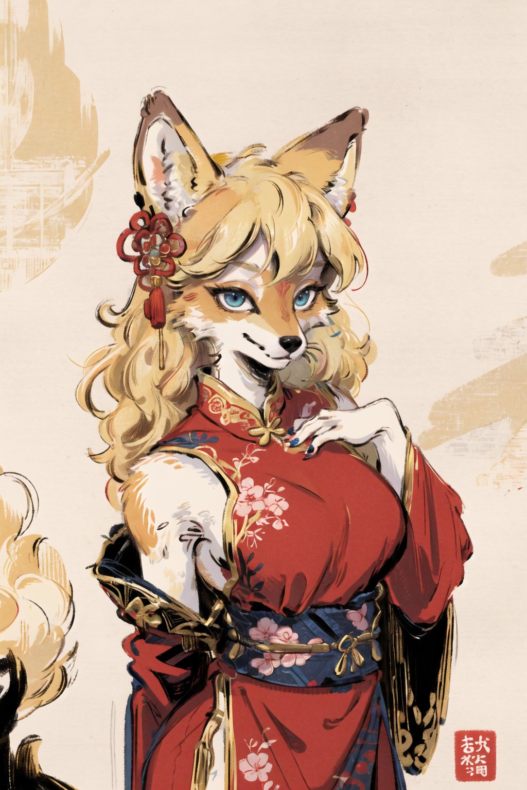 masterpiece,highres,furry fox girl,solo,blonde,chinese dress, hair ornament, anicent chinalooking at viewer, 